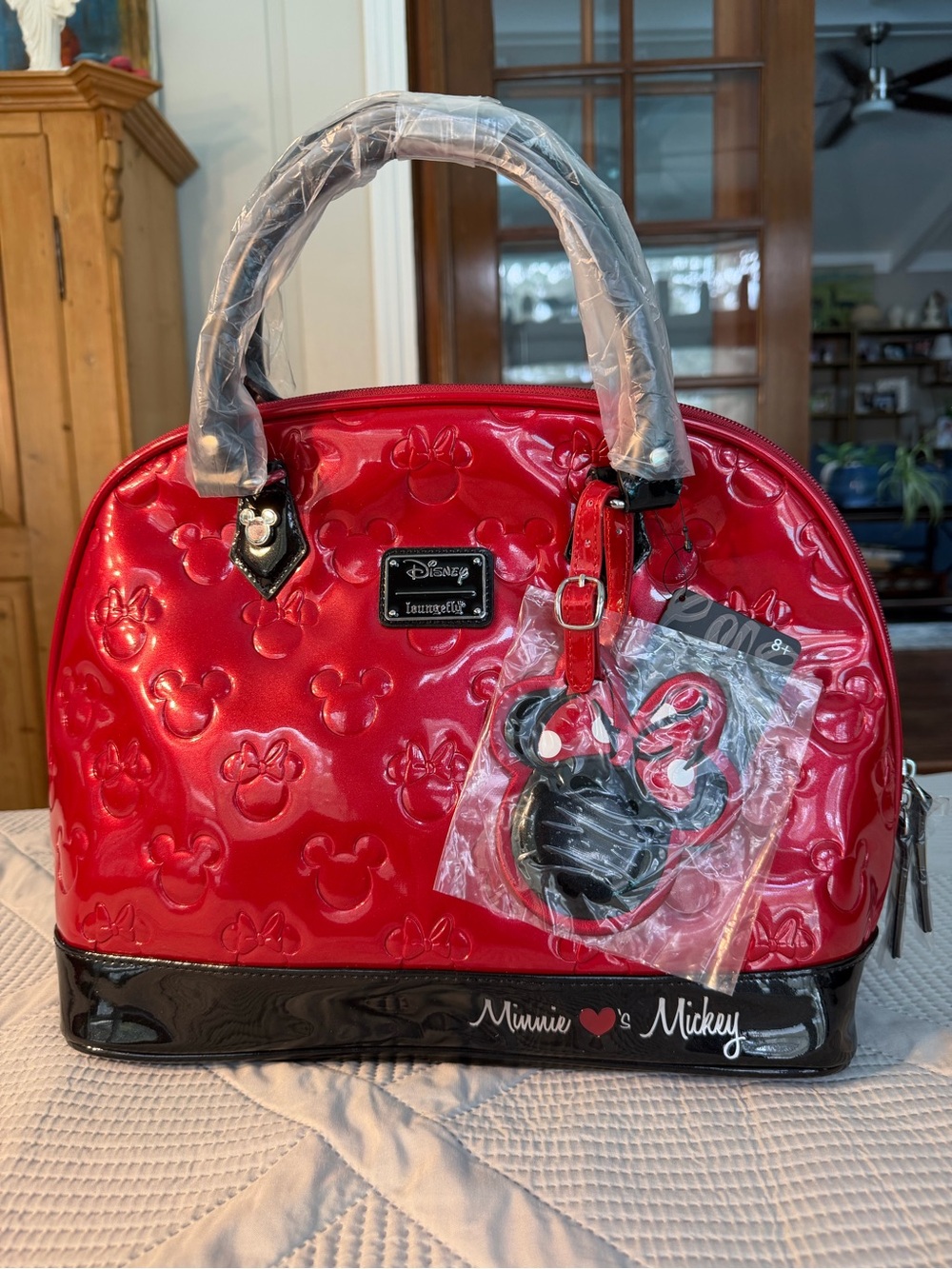 Disney Loungefly Minnie Loves Mickey Large Red Embossed Patent Satchel NWT